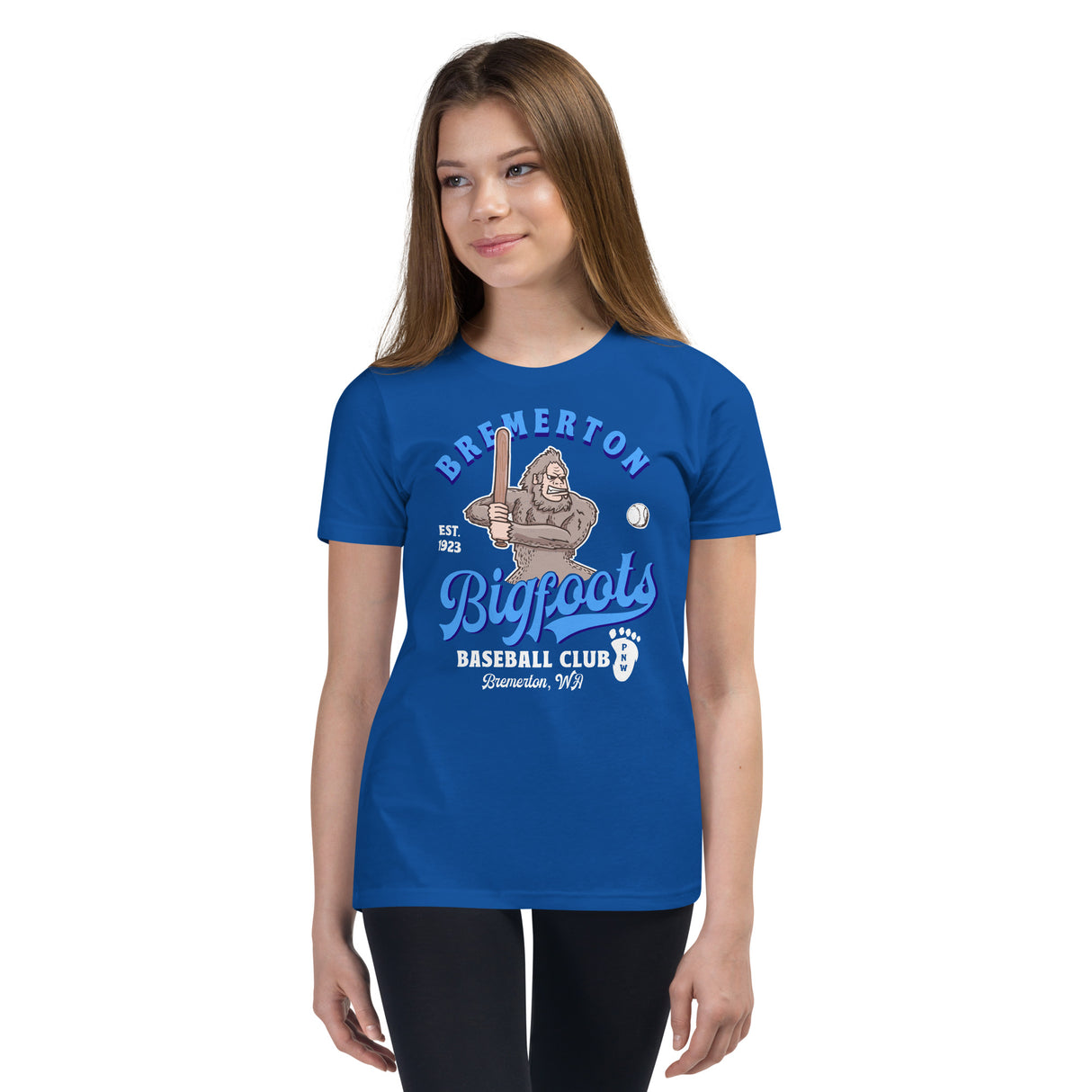 Girl wearing funny Bigfoot tee – Bremerton Bigfoots youth shirt