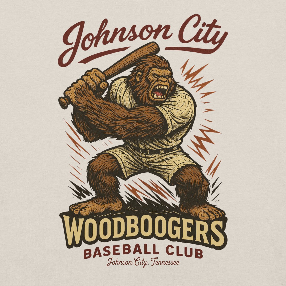 Close-up view of Bigfoot mascot design on Johnson City Woodboogers retro baseball t-shirt
