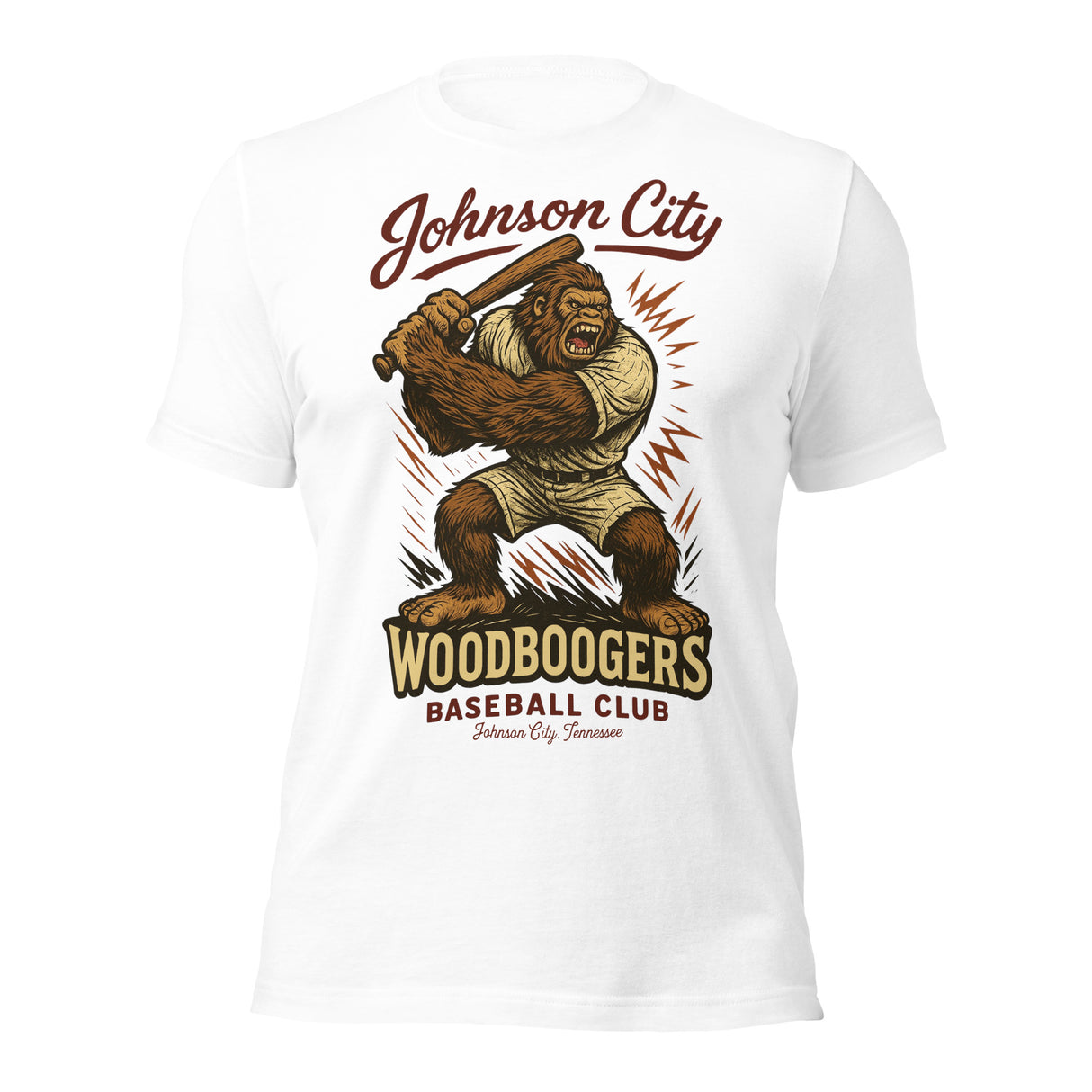 Flat lay of Johnson City Woodboogers Bigfoot mascot t-shirt on white Bella Canvas unisex shirt with vintage baseball design
