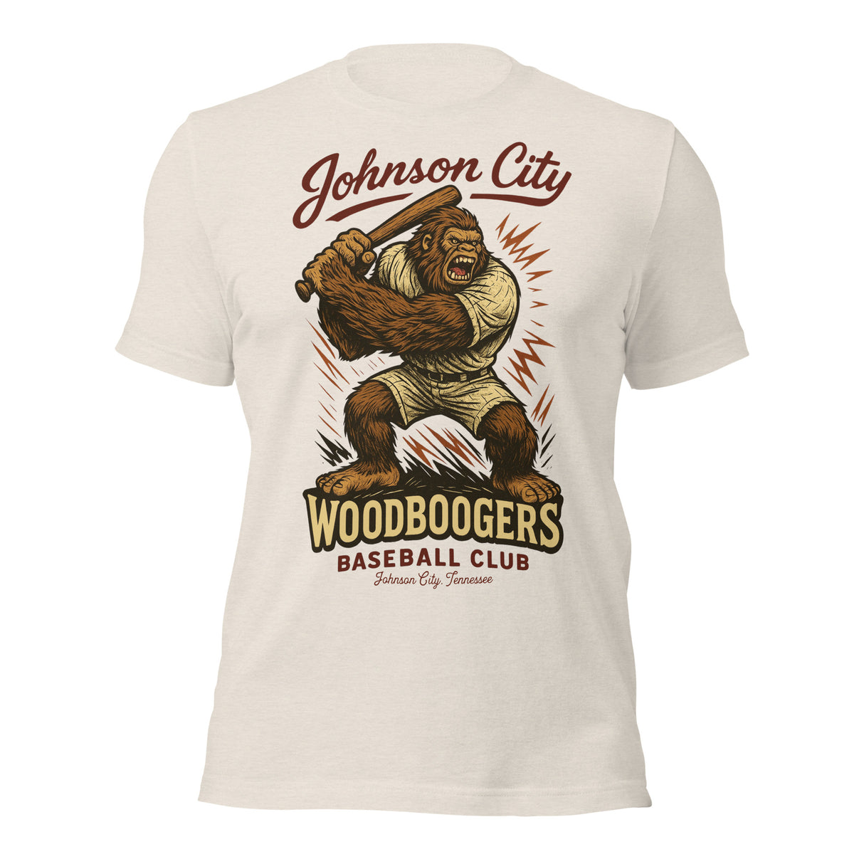 Flat lay of Johnson City Woodboogers Bigfoot mascot t-shirt on Bella+Canvas unisex tee