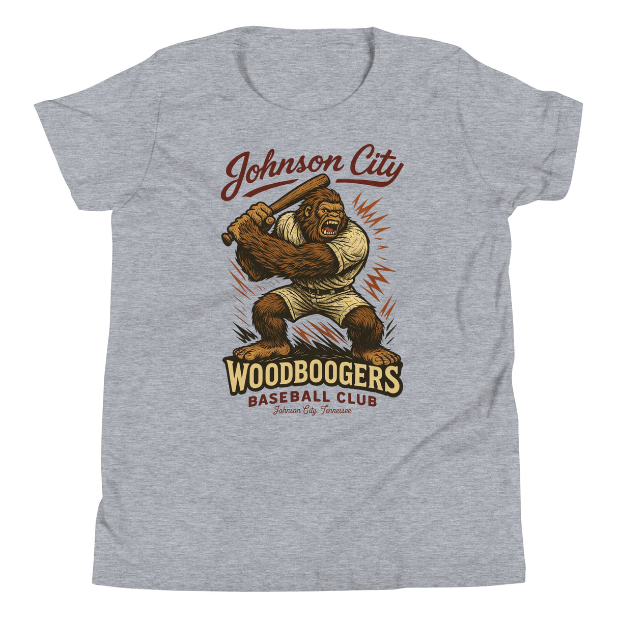 Flat lay of Johnson City Woodboogers youth t-shirt in athletic grey with vintage Bigfoot baseball design, Bella Canvas youth fit