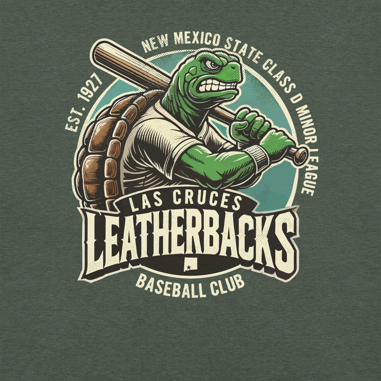 Close-up of the Las Cruces Leatherbacks graphic on heather forest green shirt, showing detailed retro turtle mascot and bold typography