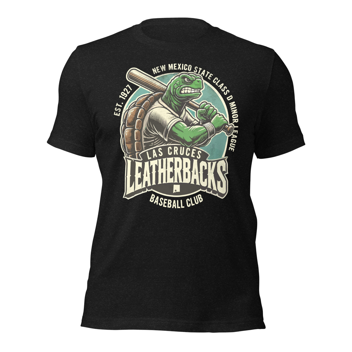 Flat lay of Las Cruces Leatherbacks vintage minor league baseball tee in heather black with turtle slugger graphic and retro-style print