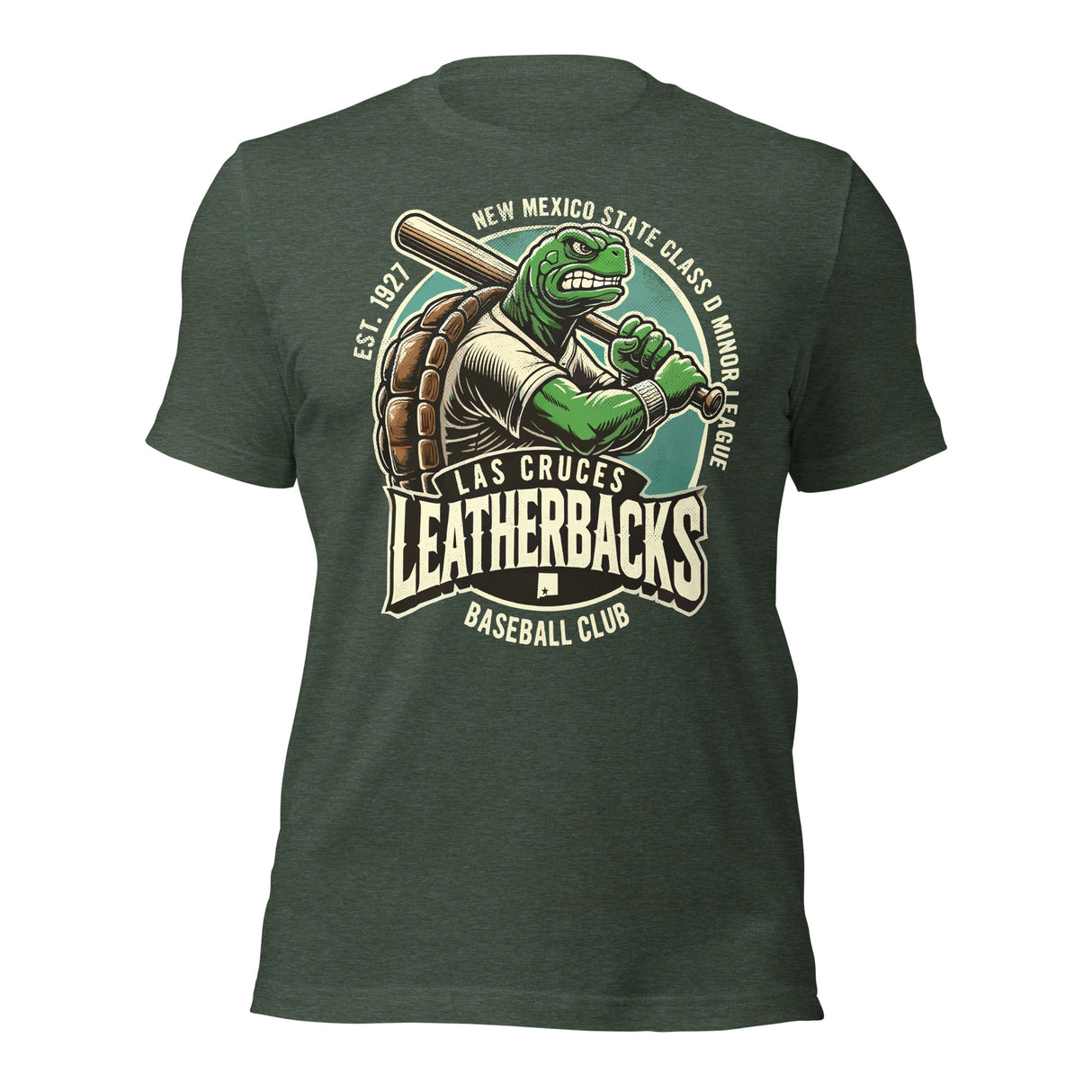 Flat lay of Las Cruces Leatherbacks retro baseball t-shirt in heather forest green featuring a fierce turtle mascot and vintage team design