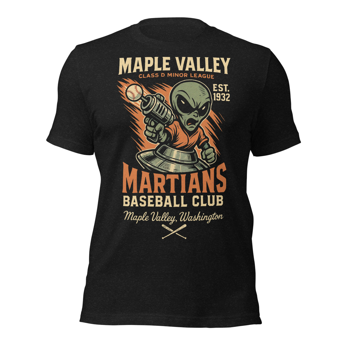 Flat lay of Maple Valley Martians alien mascot t-shirt on black heather Bella Canvas unisex tee with retro baseball design
