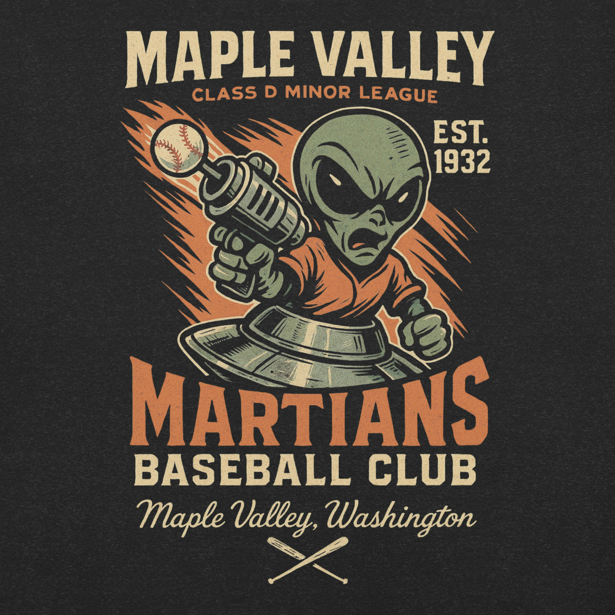 Close-up of alien mascot artwork on Maple Valley Martians t-shirt with vintage baseball style