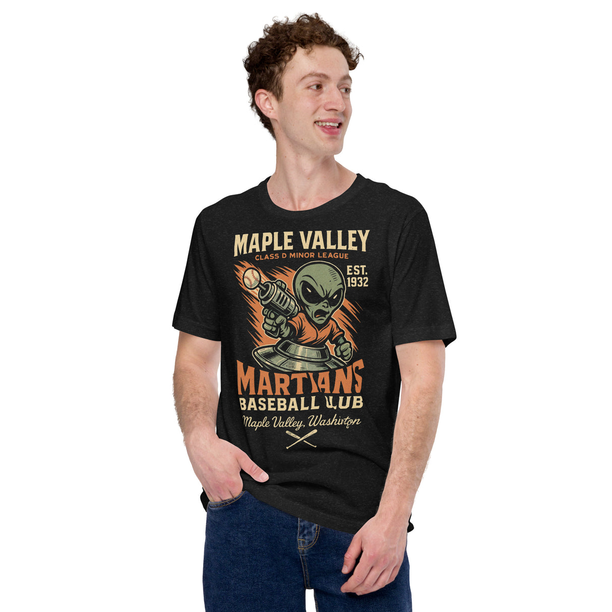 Male model wearing Maple Valley Martians alien mascot t-shirt from Outfield Outlaws
