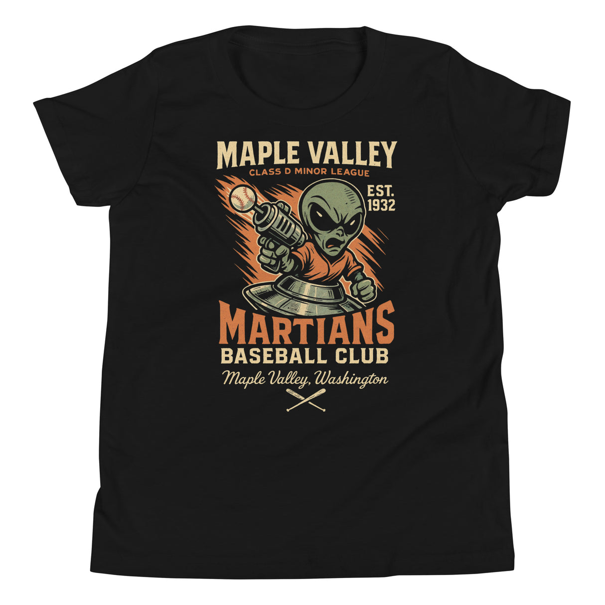 Flat lay of Maple Valley Martians youth t-shirt in black with retro alien baseball mascot on Bella Canvas 3001Y