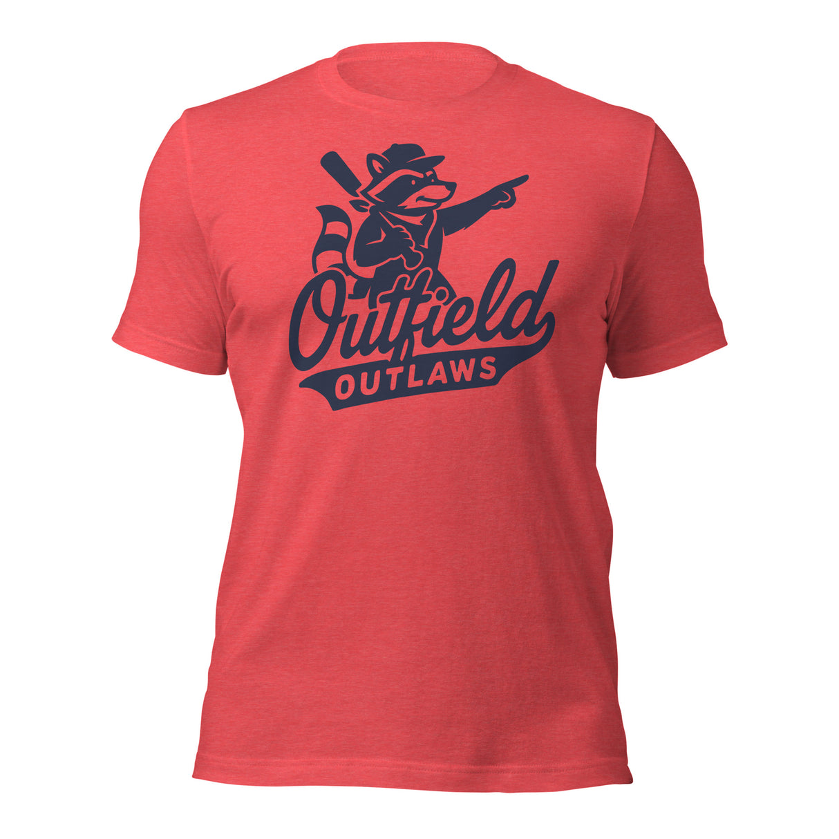 Flat lay of Outfield Outlaws logo t-shirt in heather red featuring vintage baseball logo on chest, Bella Canvas tee