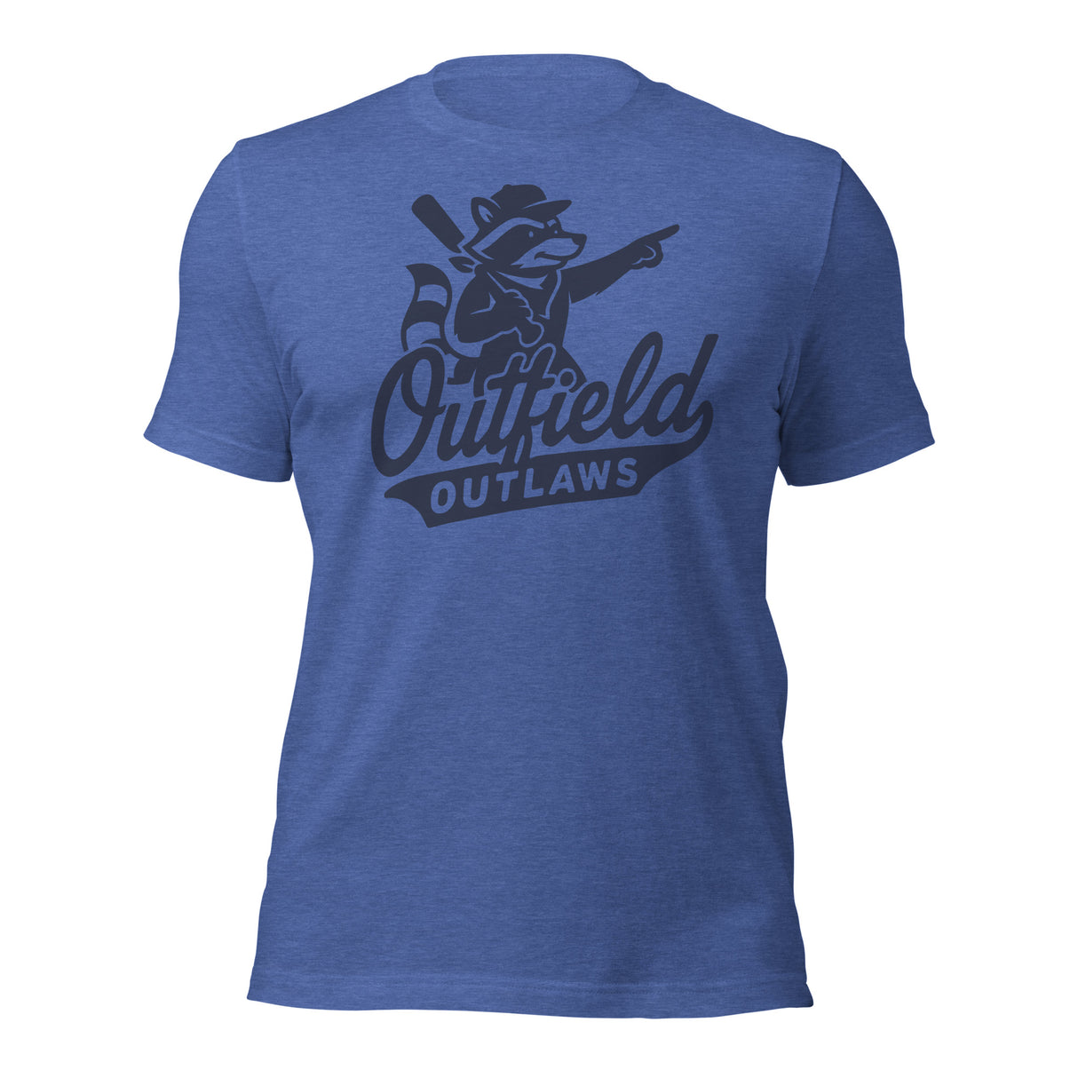 Flat lay of Outfield Outlaws logo t-shirt in heather royal blue with small front chest logo, Bella Canvas unisex fit