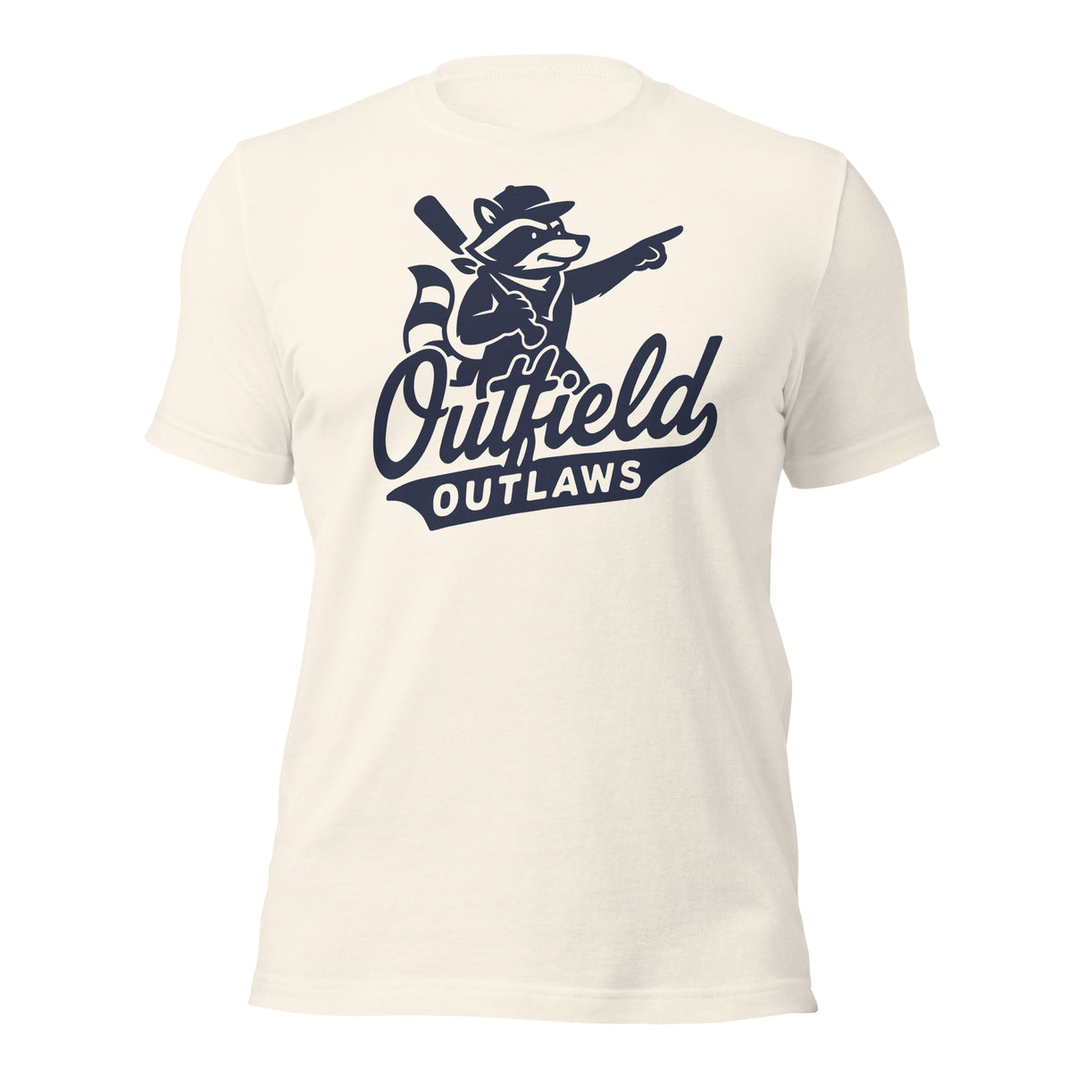 Flat lay of Outfield Outlaws logo t-shirt in vintage white, featuring small front chest print on Bella Canvas unisex tee