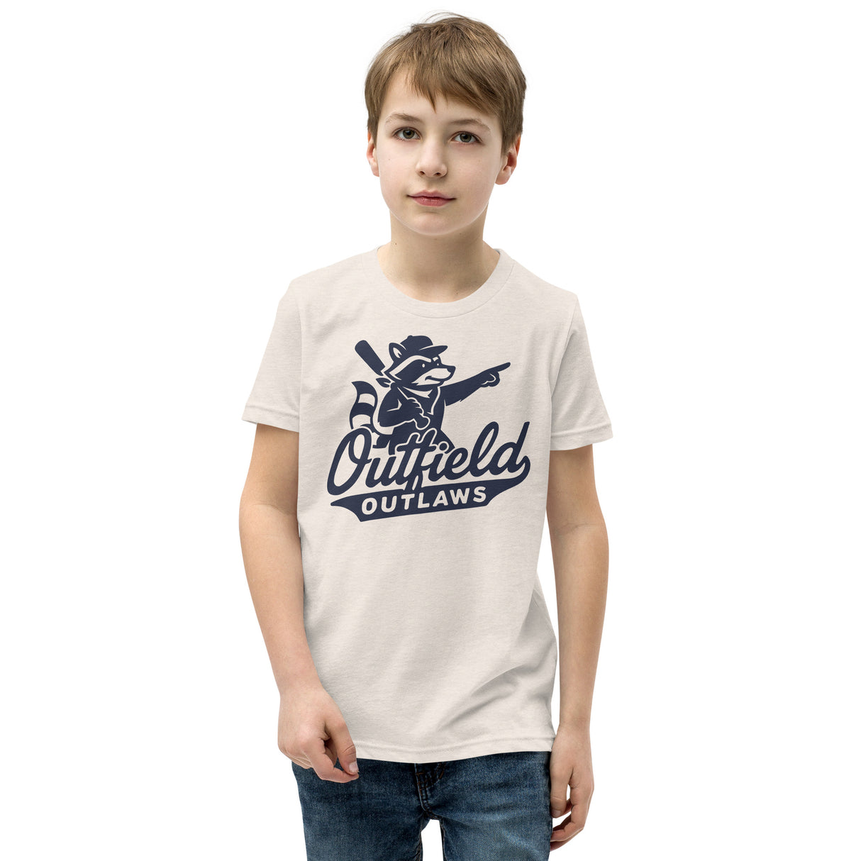 Youth male model wearing Outfield Outlaws logo t-shirt in Bella Canvas youth fit, front chest logo design