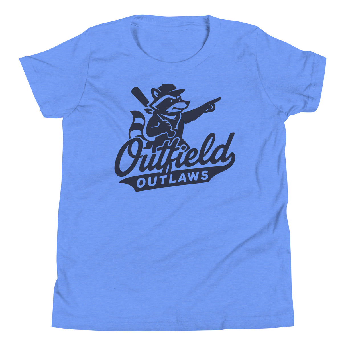 Flat lay of Outfield Outlaws youth logo t-shirt in heather Columbia blue featuring small front chest logo, Bella Canvas youth fit