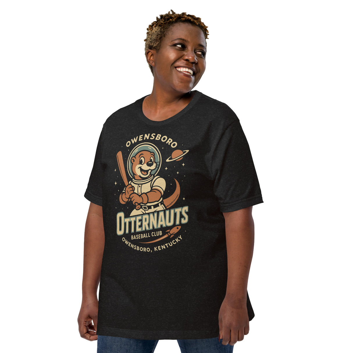 Female model wearing Owensboro Otternauts baseball club shirt in black featuring space otter mascot