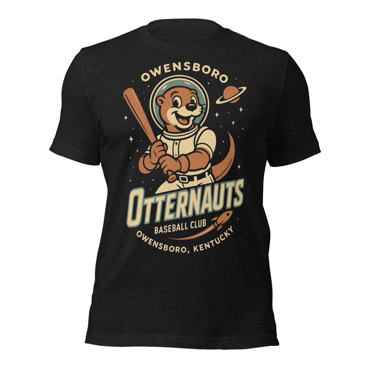 Flat lay of Owensboro Otternauts t-shirt in black with space otter baseball mascot on Bella Canvas tee