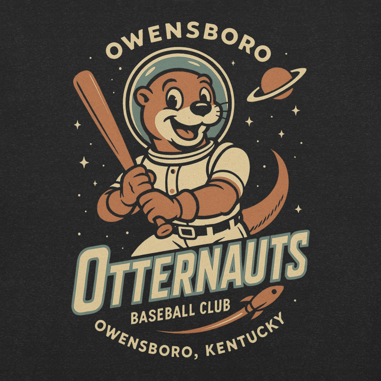 Close-up of Owensboro Otternauts space otter baseball mascot graphic with bat and helmet
