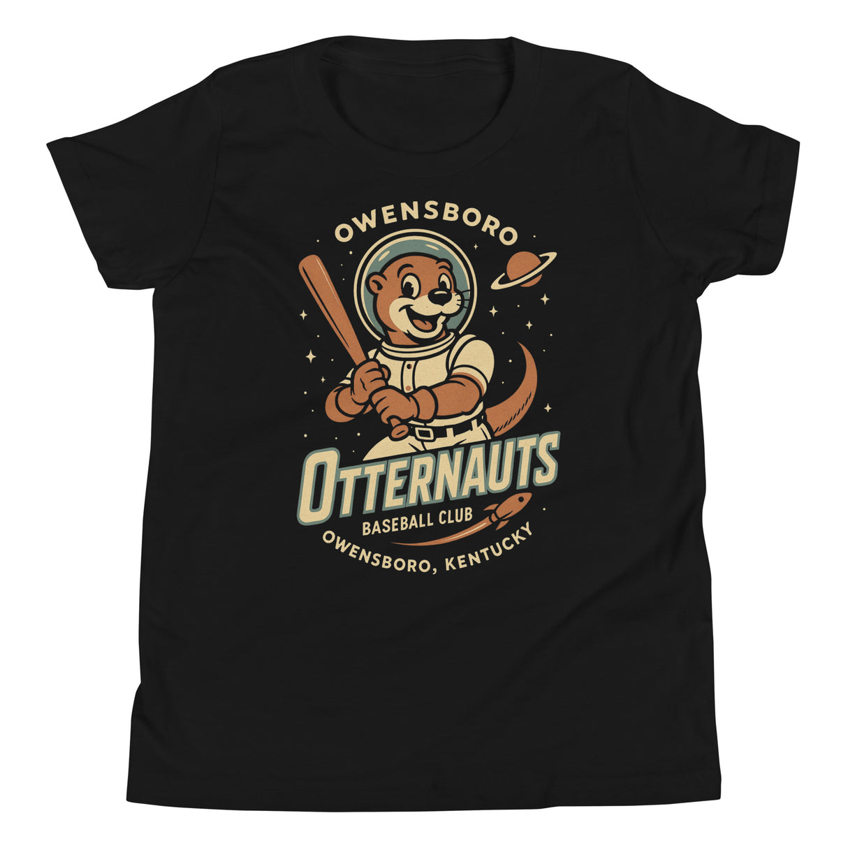 Flat lay of Owensboro Otternauts youth t-shirt in black featuring space otter baseball mascot on Bella Canvas 3001Y