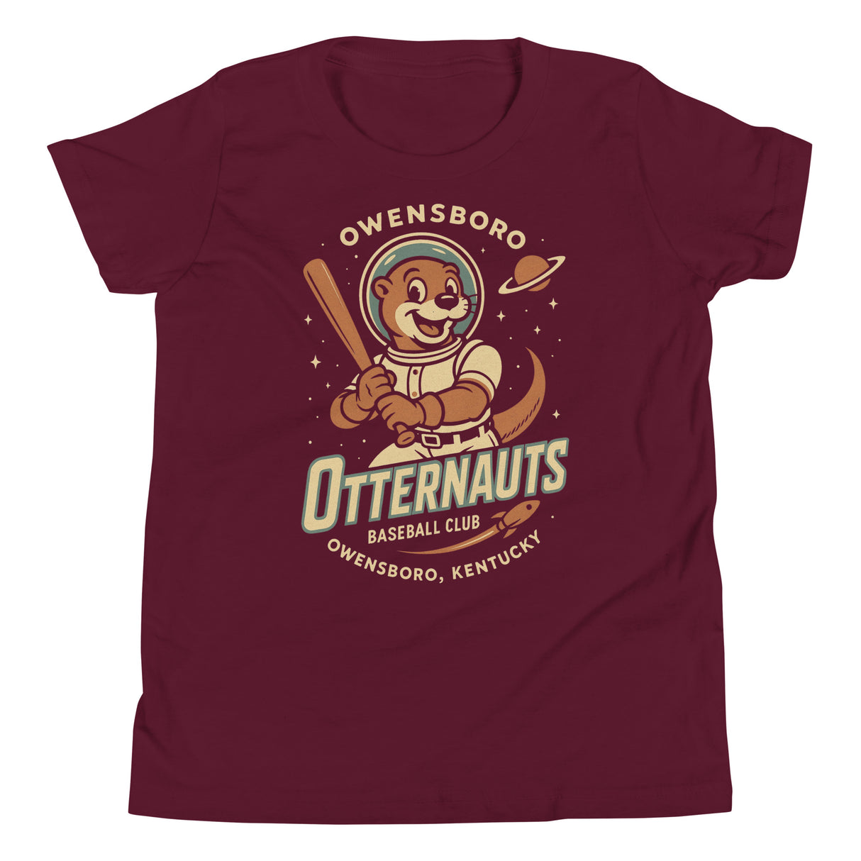 Flat lay of Owensboro Otternauts youth t-shirt in maroon with retro space otter mascot holding bat, Bella Canvas youth fit