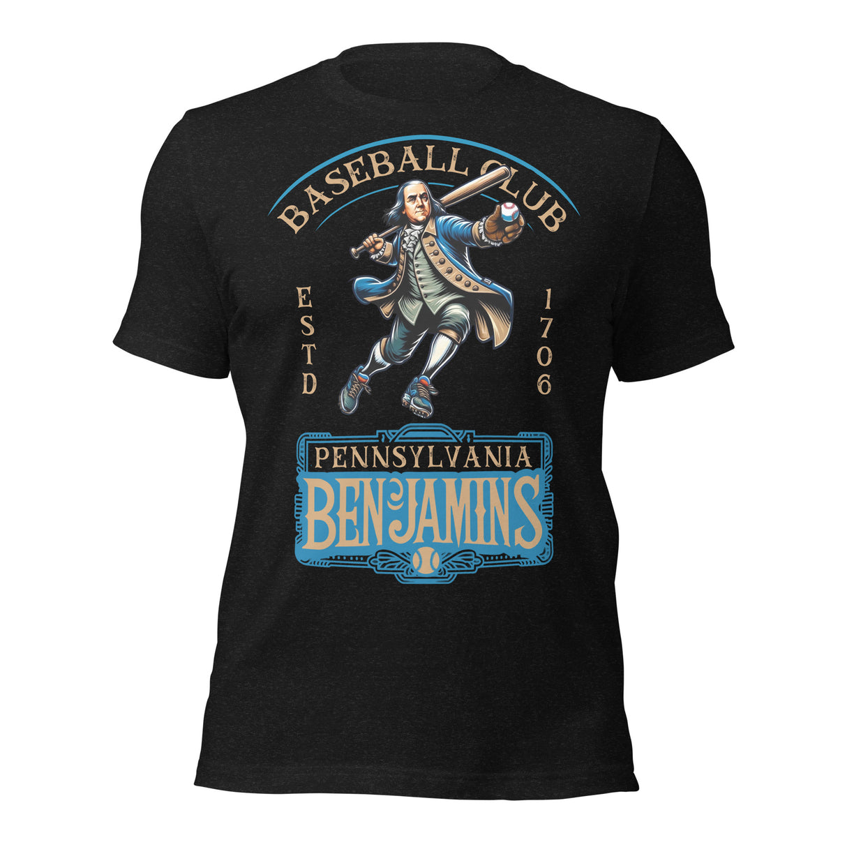 Flat lay of Pennsylvania Benjamins baseball t-shirt in black featuring founding father pitcher mascot on Bella Canvas shirt