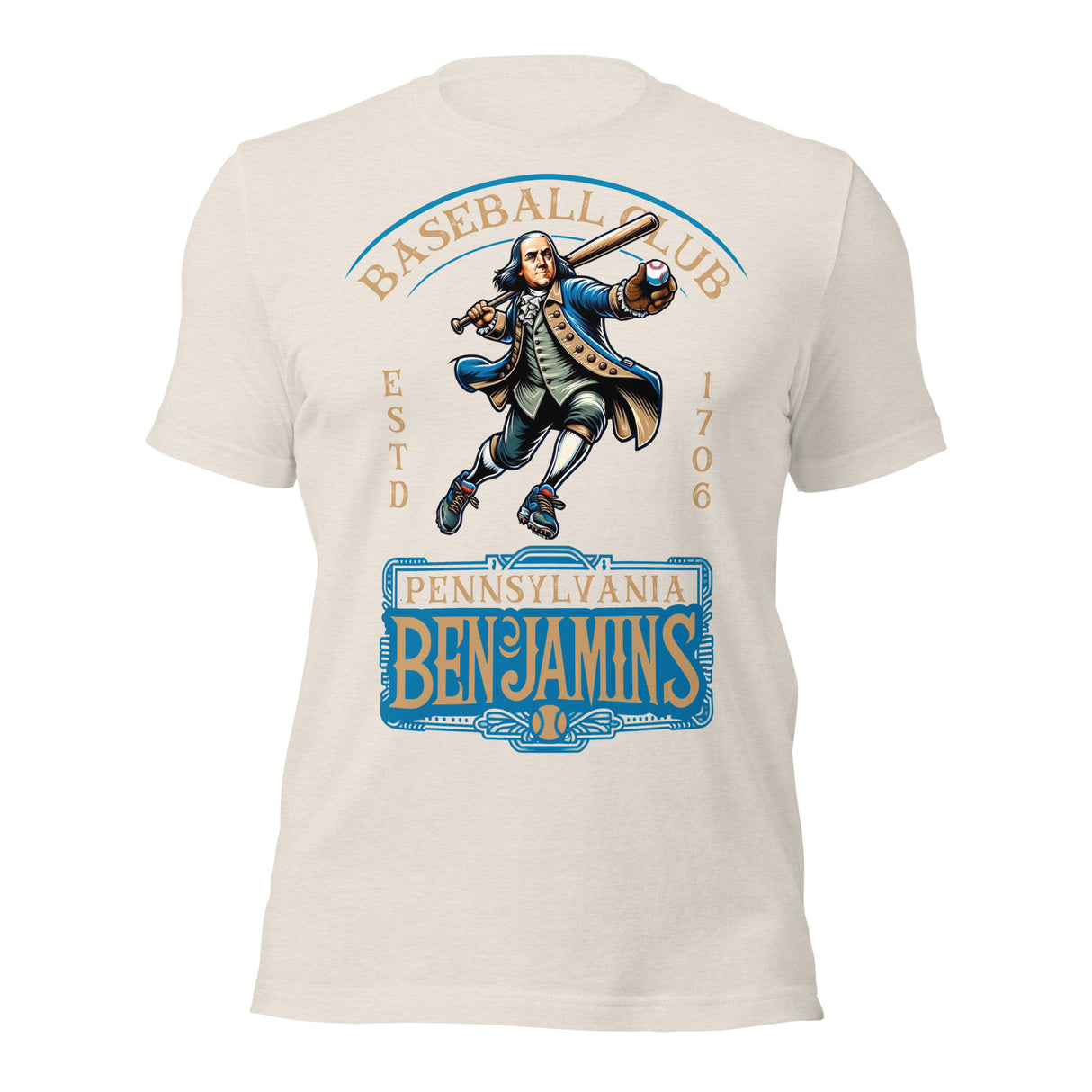 Flat lay of Pennsylvania Benjamins baseball t-shirt in white featuring founding father pitcher mascot on Bella Canvas shirt
