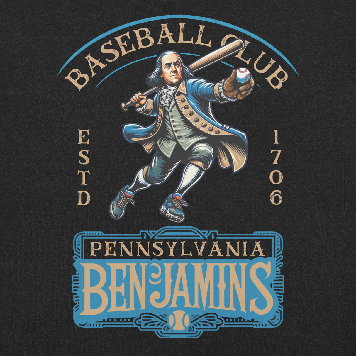 Close-up of Pennsylvania Benjamins baseball mascot design with historic pitcher graphic in colonial attire