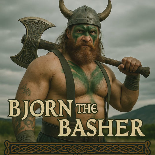 Video clip of Riverside Ravagers mascot Bjorn the Basher swinging his battle axe like a baseball bat, showcasing his Viking power and retro baseball attitude from Outfield Outlaws.