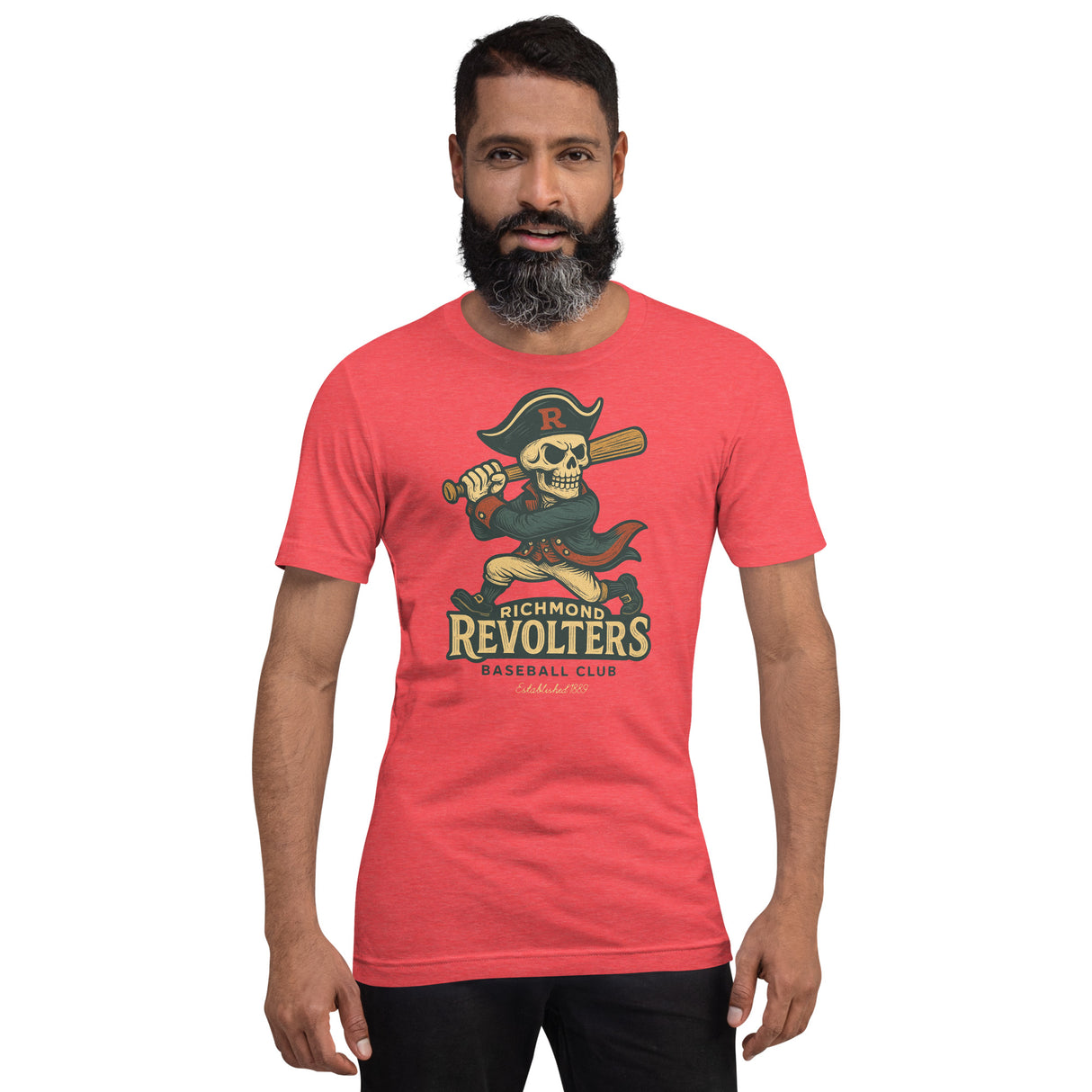Male model wearing Richmond Revolters baseball club t-shirt with skull rebel mascot in heather red Bella Canvas shirt