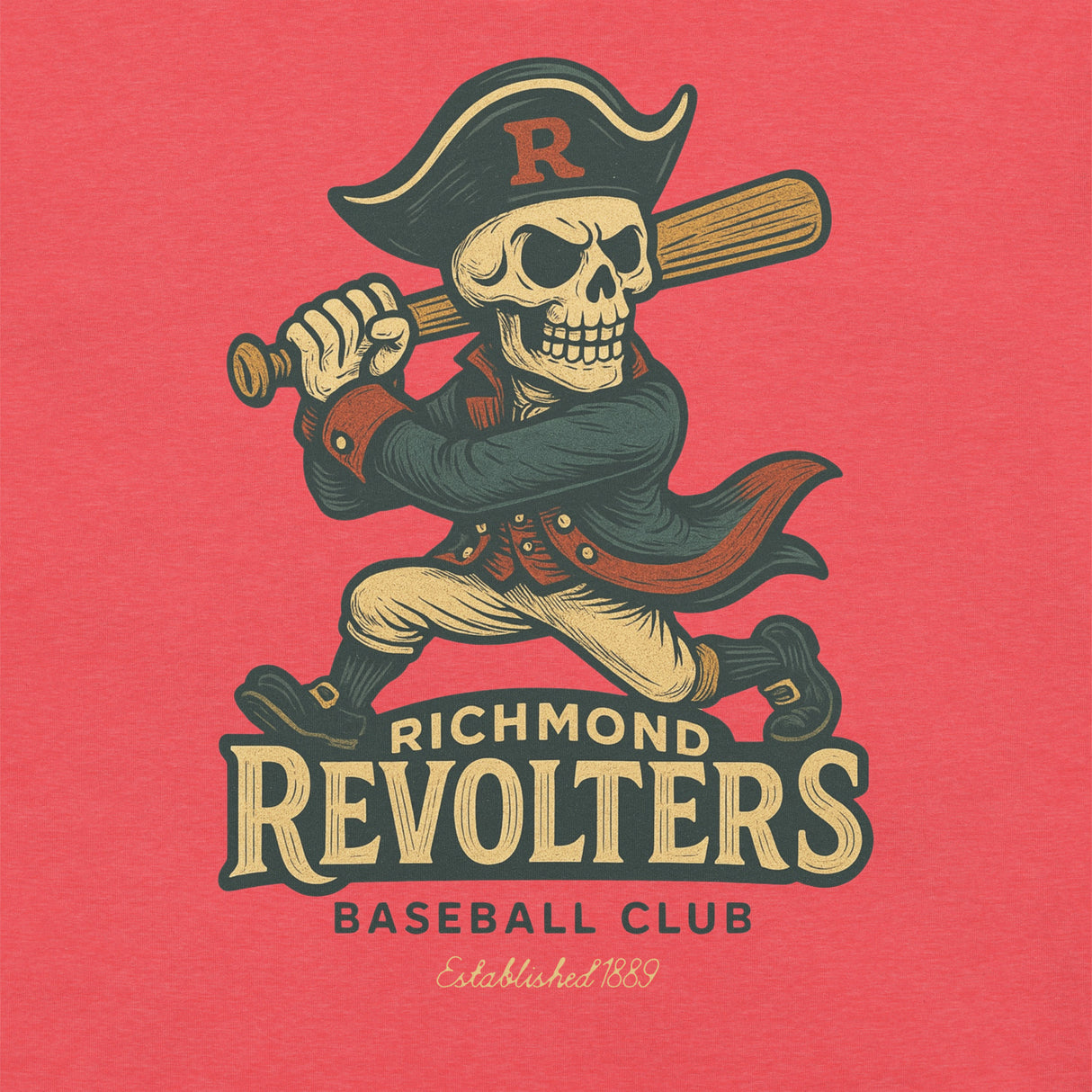 Close-up of Richmond Revolters baseball mascot graphic featuring skull in colonial uniform with bat
