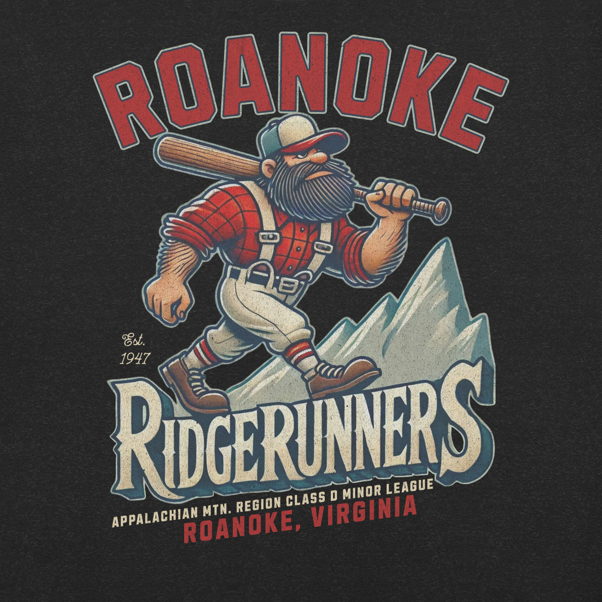 Close-up of Roanoke Ridgerunners graphic on Heather Black t-shirt showing the bold lumberjack baseball mascot.