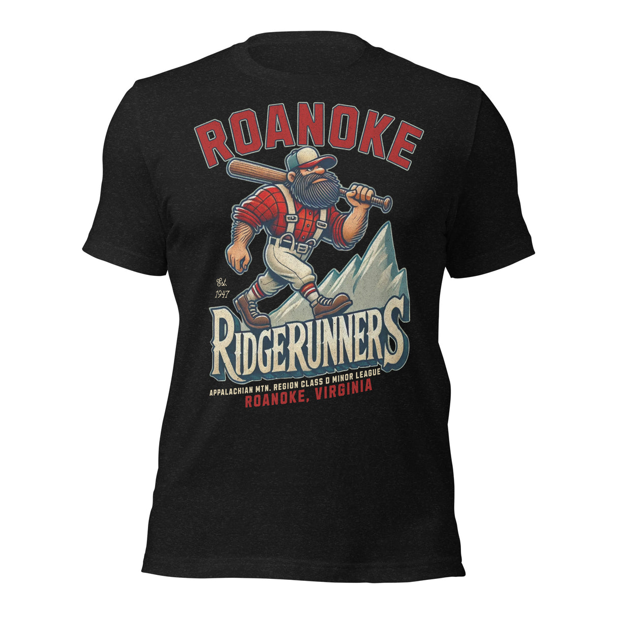 Flat lay of Roanoke Ridgerunners adult t-shirt in Heather Black, featuring retro baseball lumberjack mascot graphic.