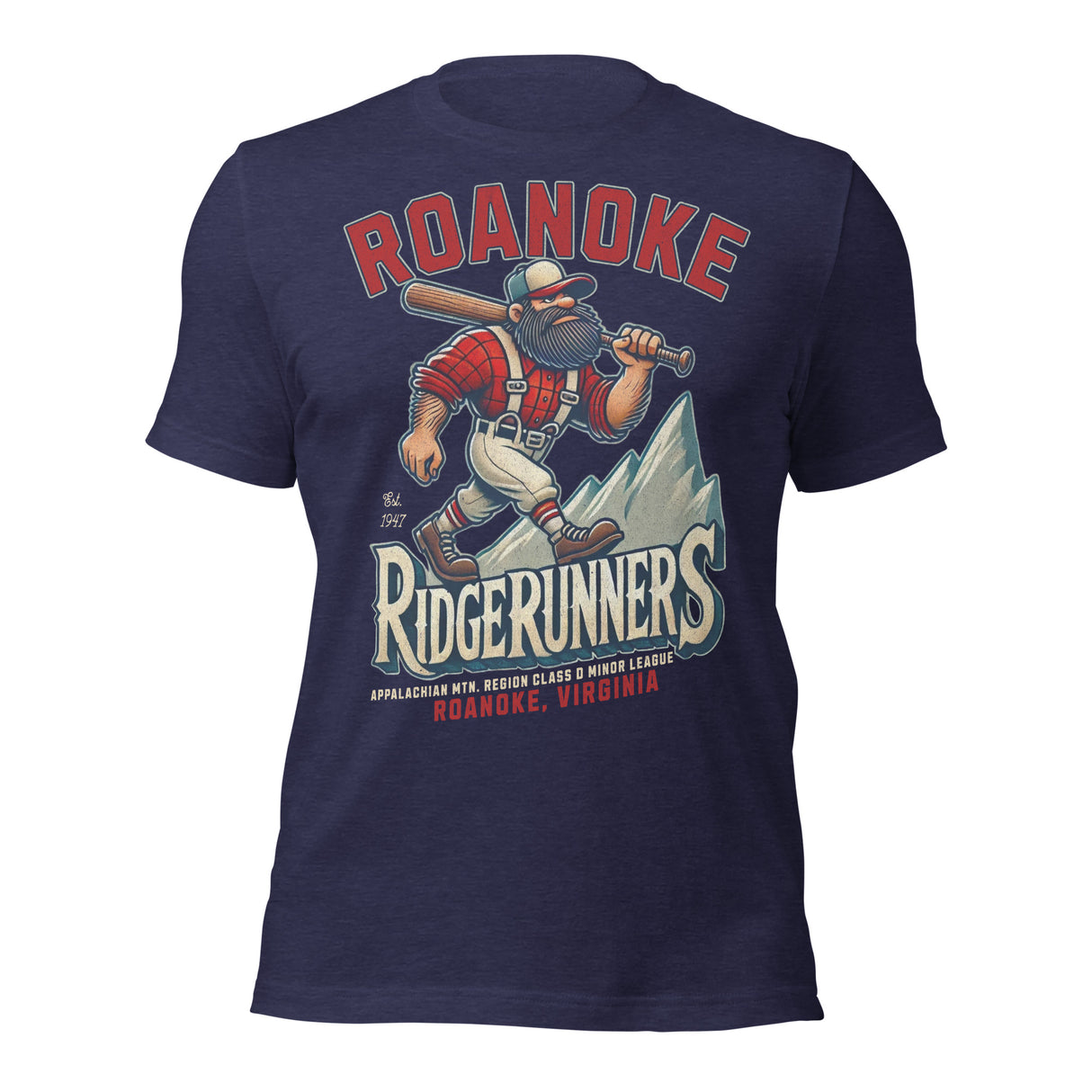 Flat lay of Roanoke Ridgerunners adult t-shirt in Heather Navy with vintage minor league baseball team design.