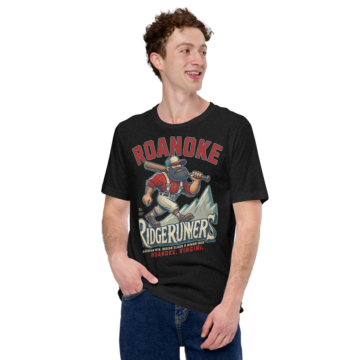 Male model wearing Roanoke Ridgerunners adult tee in Heather Black with retro baseball graphic on the front.