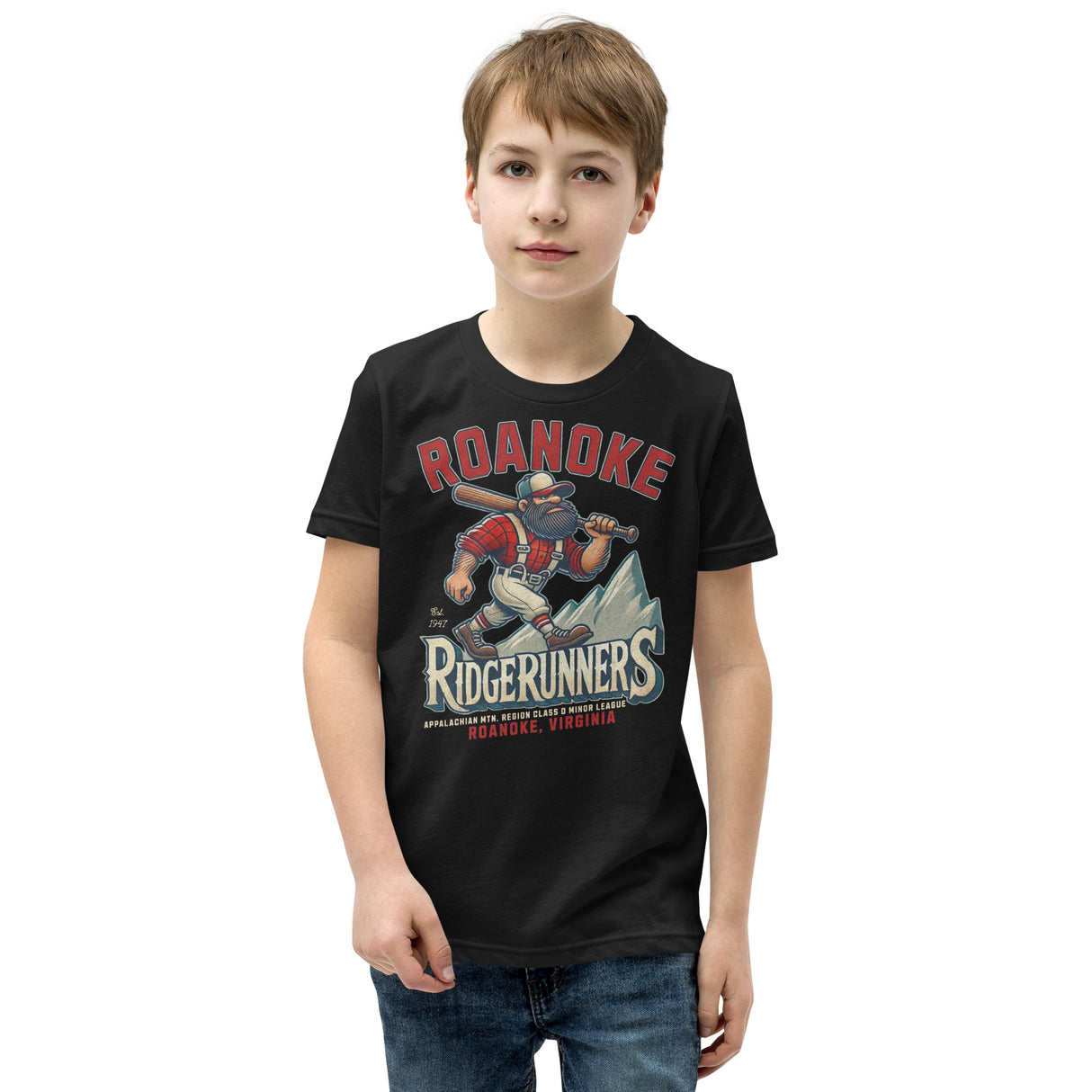 Young boy wearing Roanoke Ridgerunners youth t-shirt in black, showing both front graphic of minor league mascot.