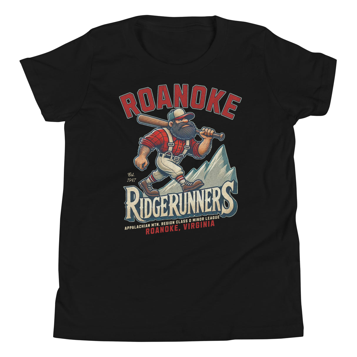 Flat lay of Roanoke Ridgerunners youth t-shirt in black, featuring retro mountain man baseball mascot design.