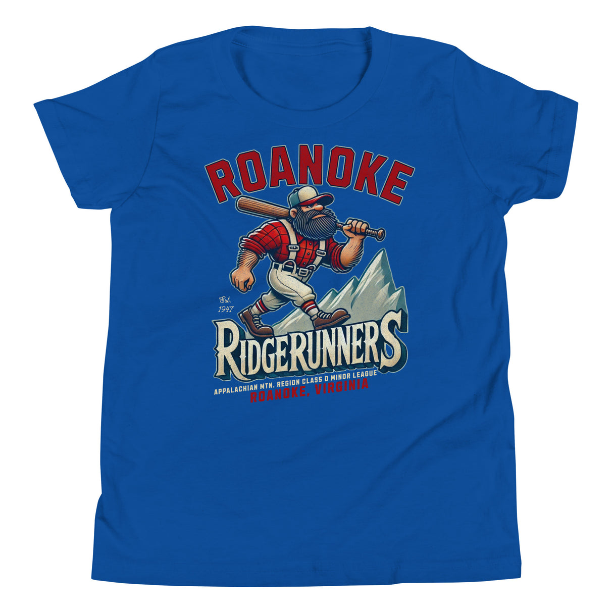 Flat lay of Roanoke Ridgerunners youth t-shirt in heather royal blue with vintage baseball mascot graphic.