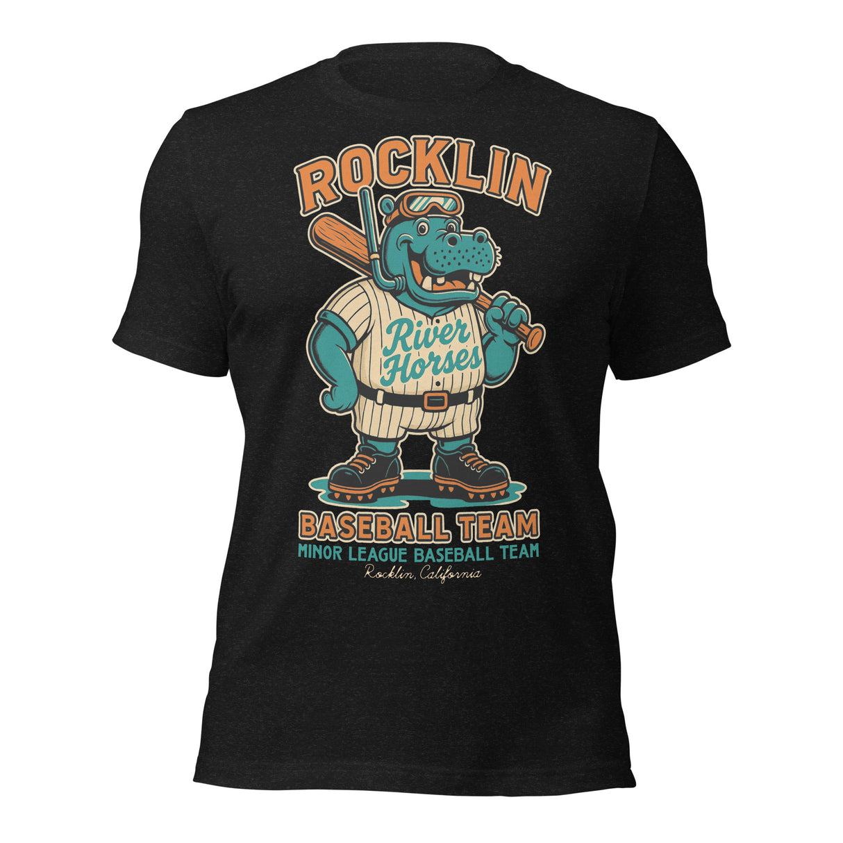Flat lay of Rocklin River Horses adult mascot t-shirt in heather black featuring vintage cartoon hippo baseball design on Bella Canvas 3001