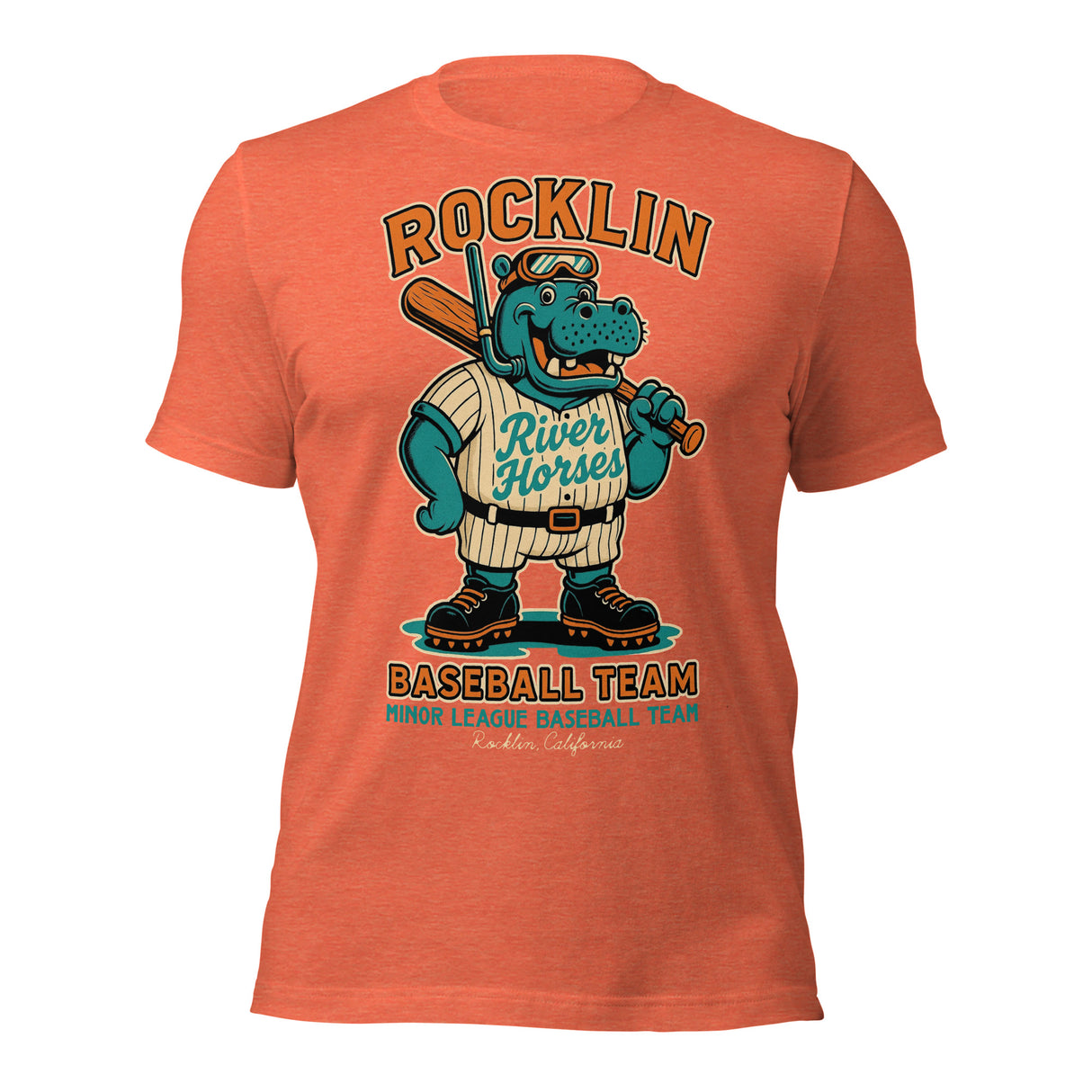Flat lay of Rocklin River Horses adult t-shirt in heather orange with retro hippo baseball mascot, printed on Bella Canvas unisex shirt