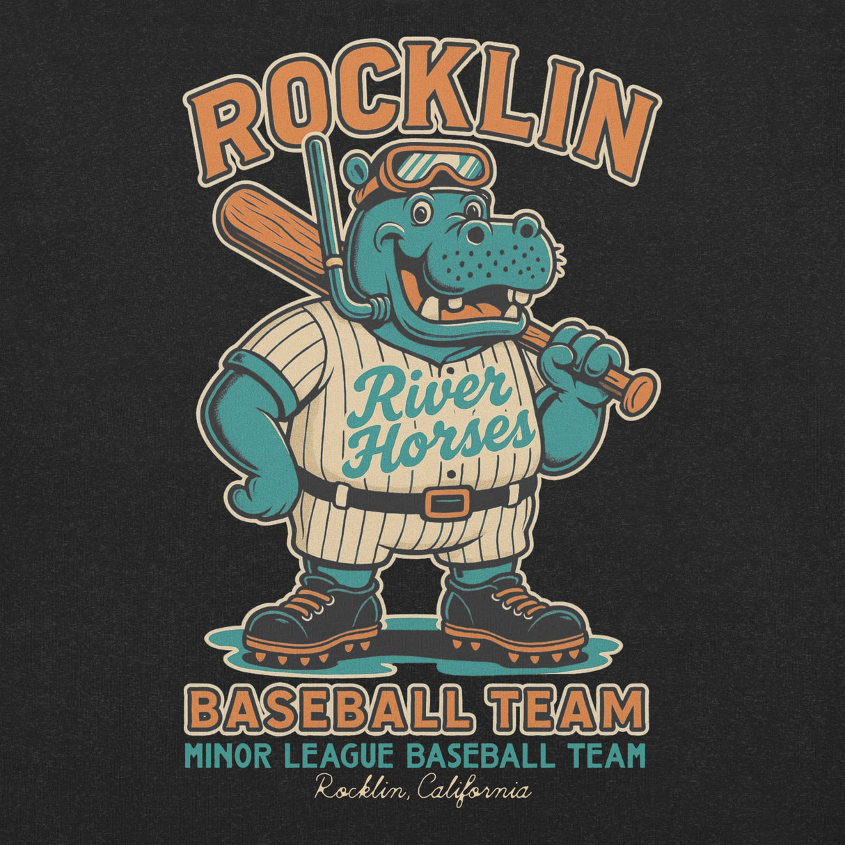 Close-up of Rocklin River Horses t-shirt design featuring retro cartoon hippo baseball mascot in uniform with bat, printed on Bella Canvas tee
