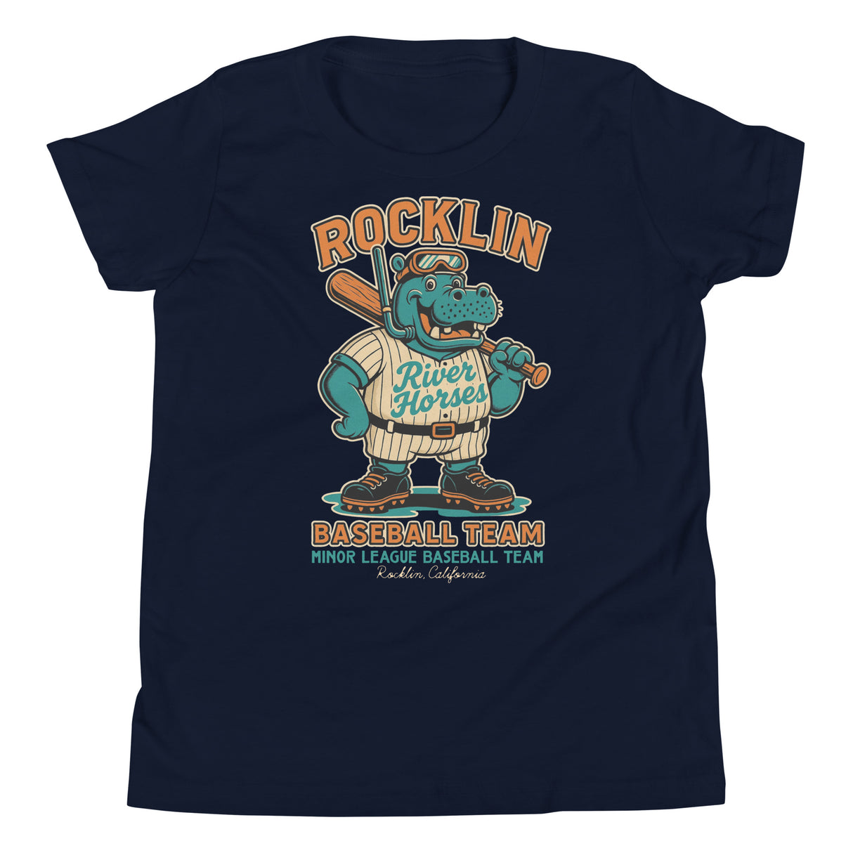 Flat lay of Rocklin River Horses youth t-shirt in navy blue with vintage-style hippo mascot swinging bat, printed on Bella Canvas youth tee