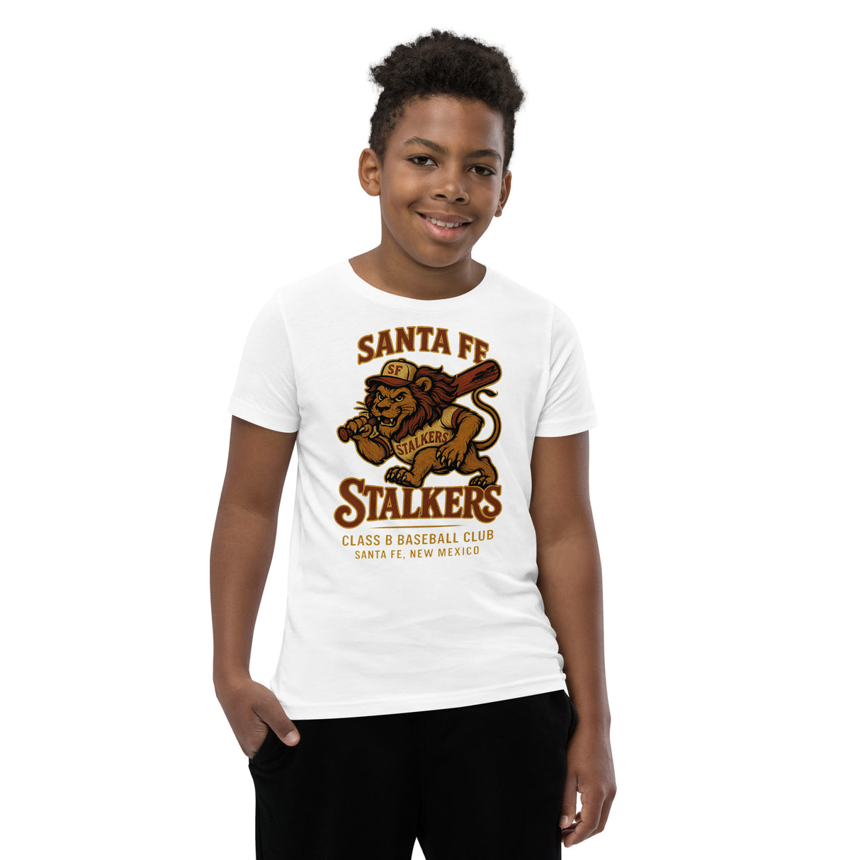 Youth boy model wearing Santa Fe Stalkers lion mascot baseball shirt in white Bella Canvas youth fit