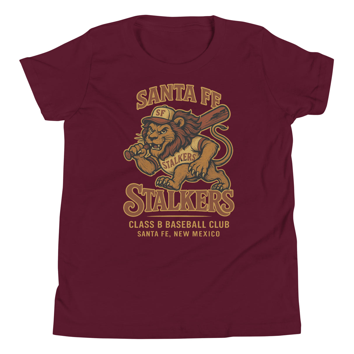 Flat lay of Santa Fe Stalkers youth t-shirt in maroon featuring fierce lion baseball mascot on Bella Canvas 3001Y