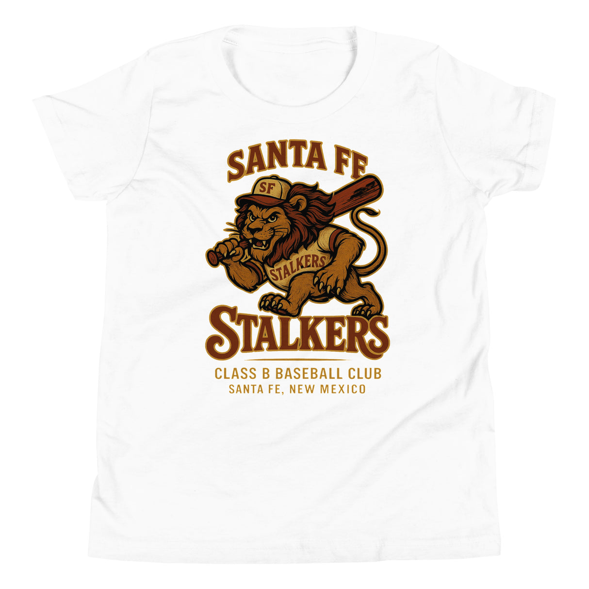 Flat lay of Santa Fe Stalkers youth t-shirt in white with bold lion mascot and retro baseball graphic on Bella Canvas tee
