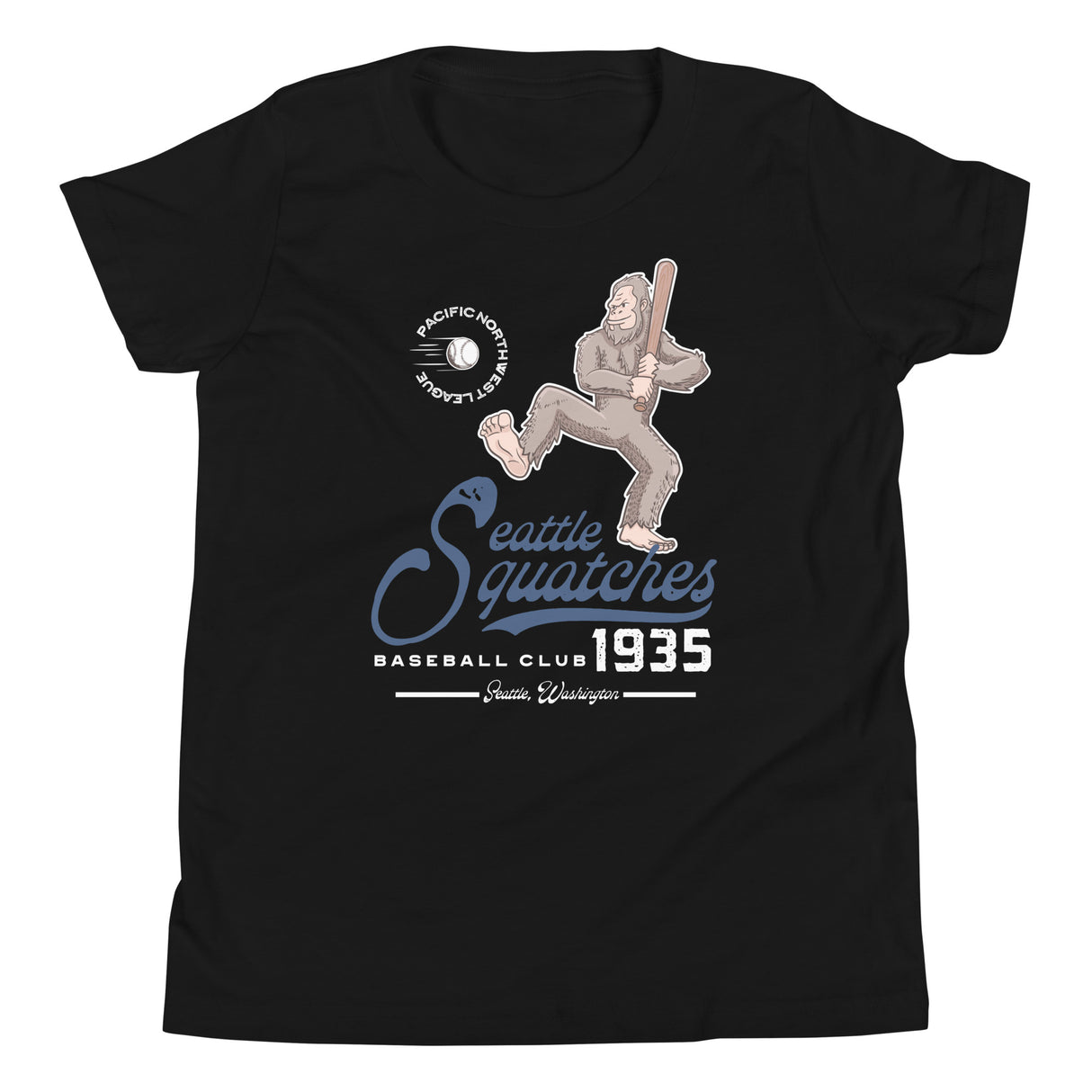 Flat lay of Seattle Squatches youth mascot shirt in black with vintage Bigfoot baseball graphic on Bella Canvas 3001Y