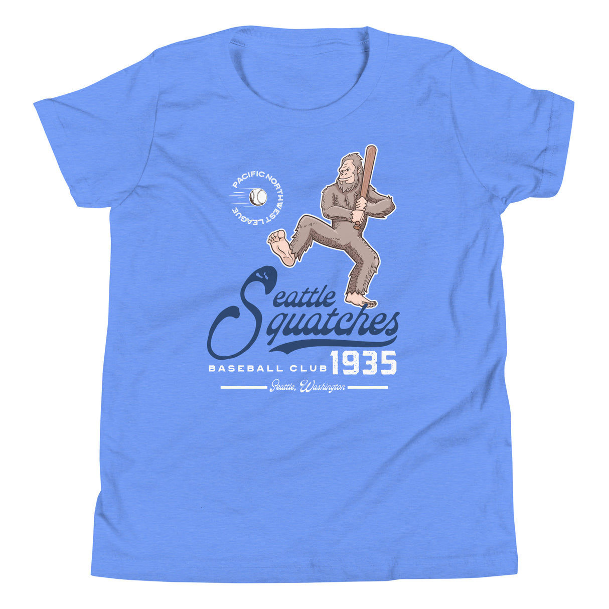 Flat lay of Seattle Squatches youth t-shirt in Columbia blue with Bigfoot baseball mascot Boone Dinger on Bella Canvas youth shirt