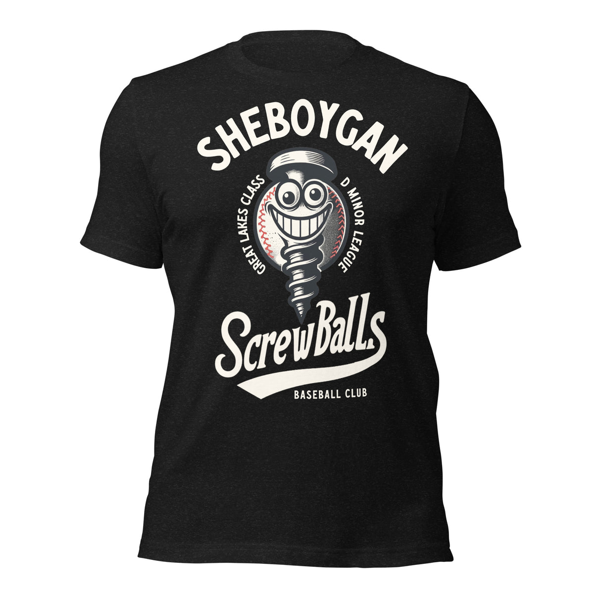 Flat lay of Sheboygan Screwballs vintage minor league baseball t-shirt in Heather Black with old school mascot print