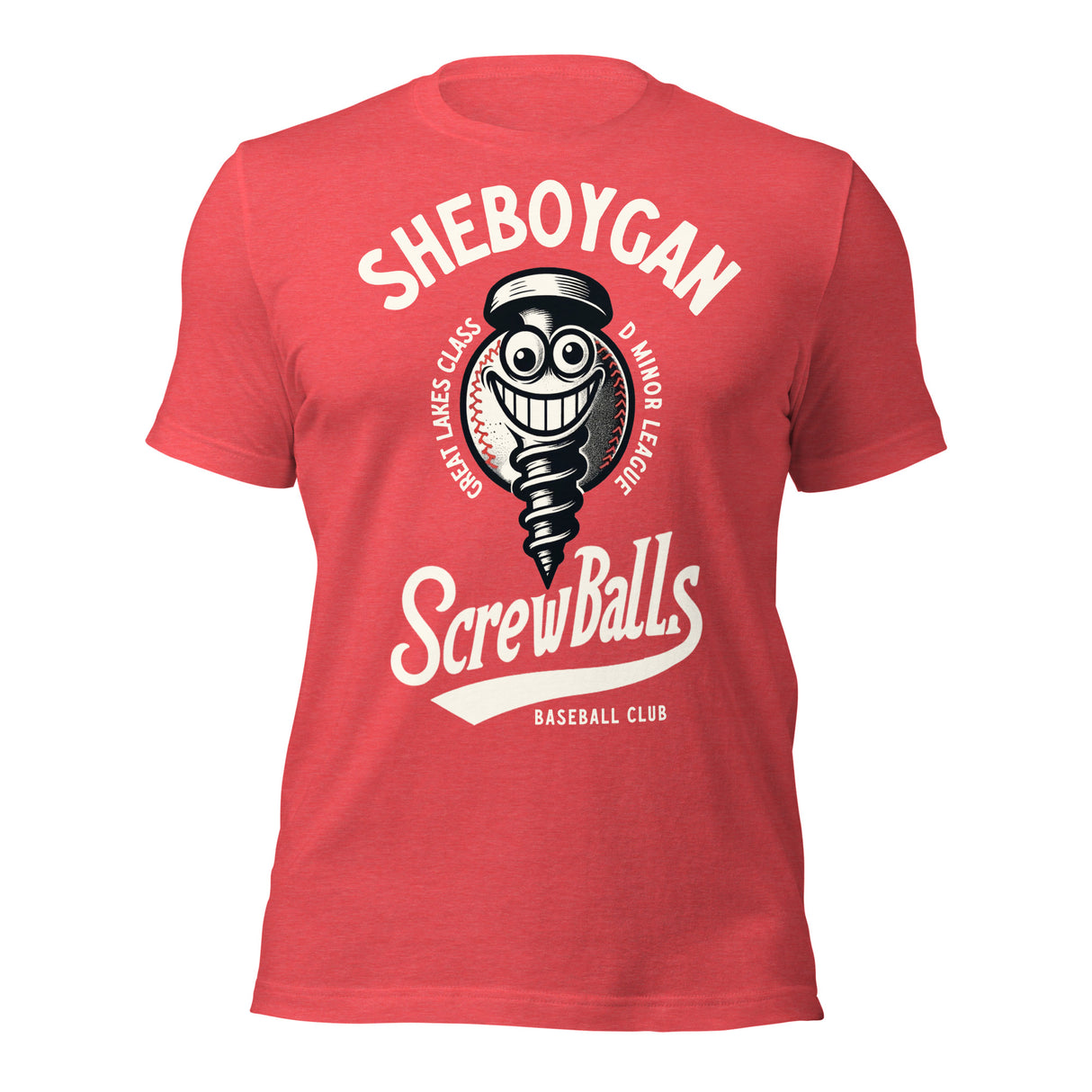 Flat lay of Sheboygan Screwballs retro baseball t-shirt in Heather Red featuring vintage screwball mascot design