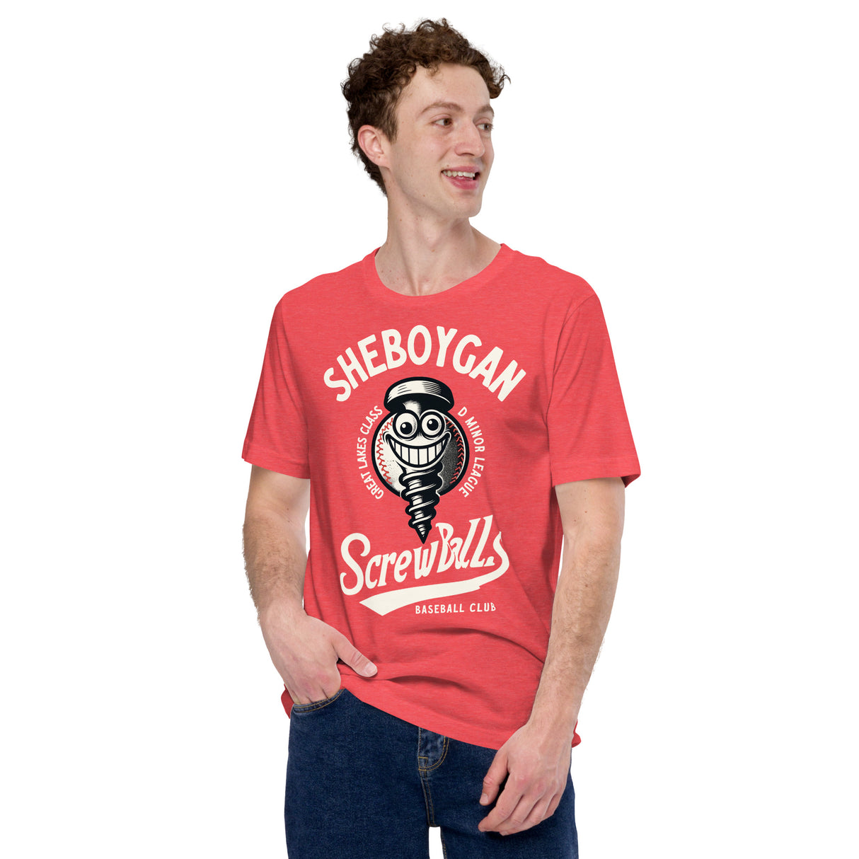 Male model wearing Sheboygan Screwballs retro baseball tee in Heather Red inspired by old school minor league baseball