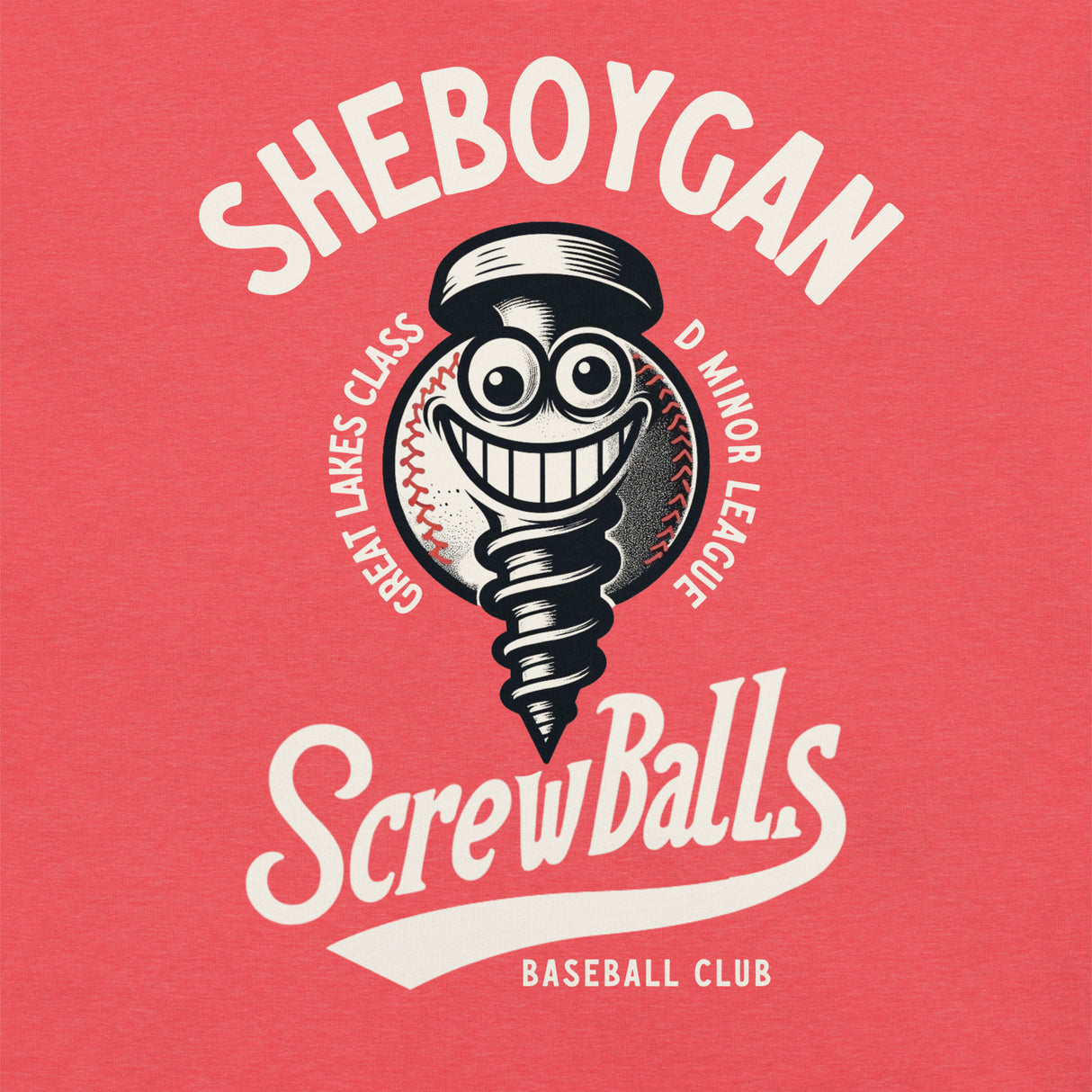 Close-up of Sheboygan Screwballs t-shirt in Heather Red showing detailed retro baseball mascot graphic