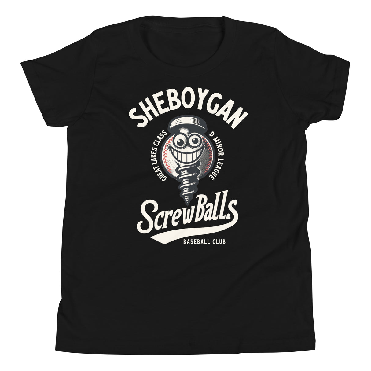 Flat lay of Sheboygan Screwballs youth t-shirt in heather black featuring screwball baseball mascot graphic