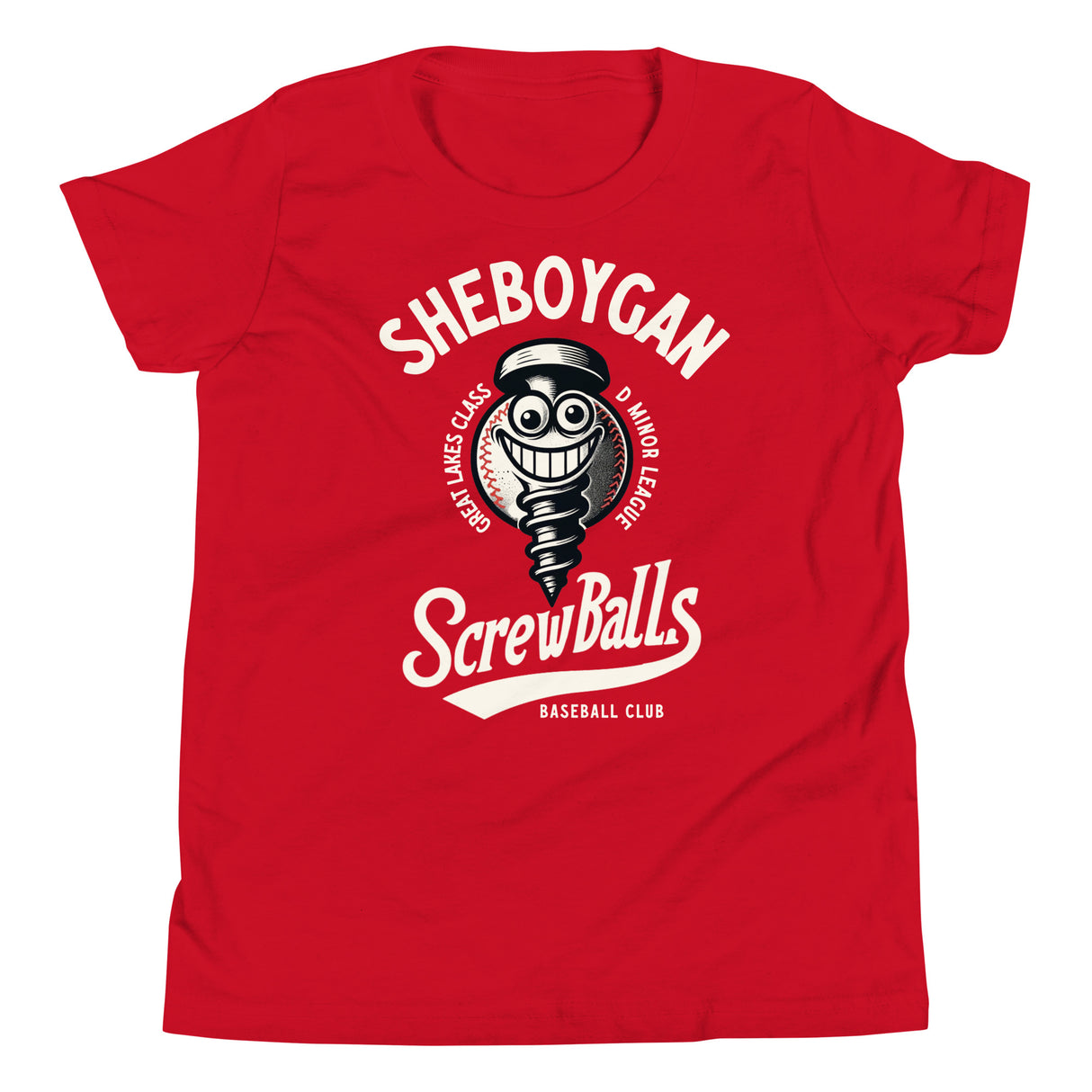 Flat lay of Sheboygan Screwballs youth retro baseball t-shirt in heather red with vintage minor league mascot design